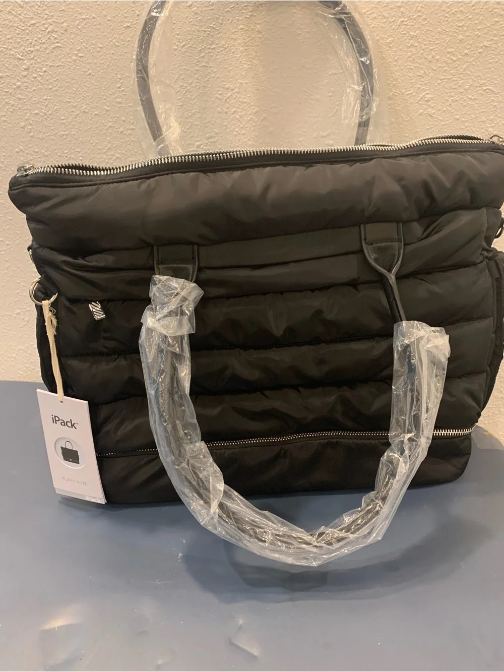 Black Quilted Tote Bag with Top Zip